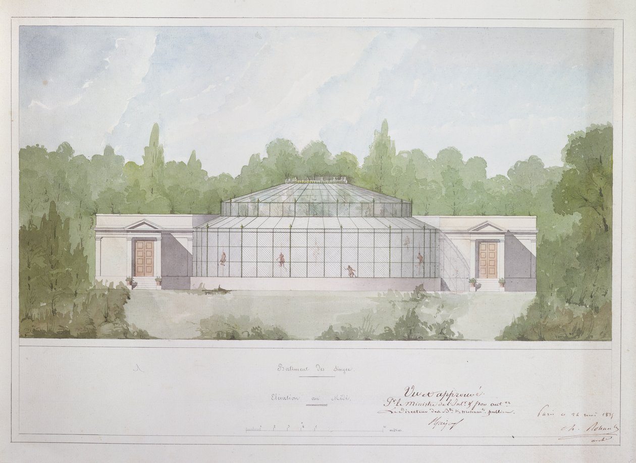 Małpi dom w Jardin des Plantes w Paryżu, 1835 (atrament i toaleta na papierze) autorstwa French School