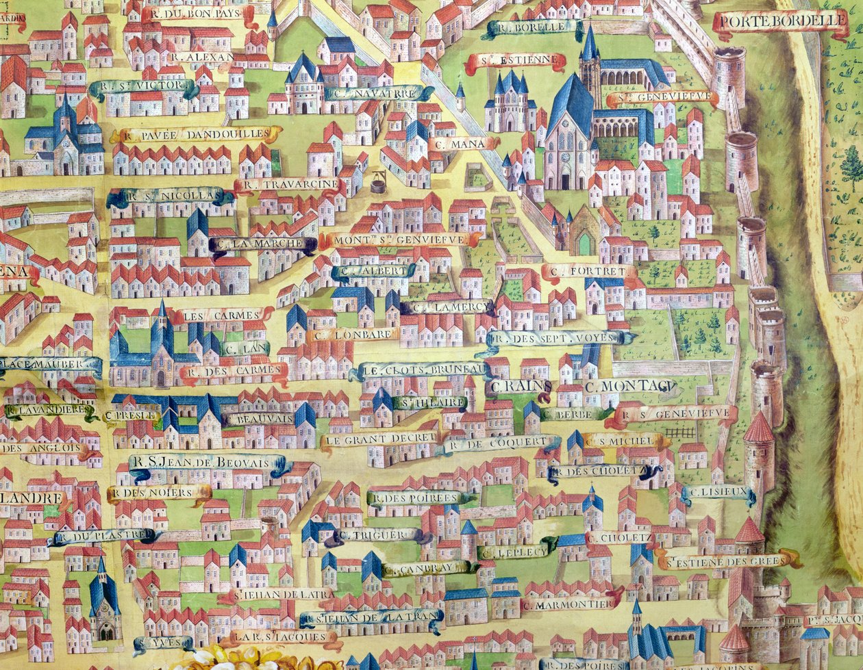 Montagne Sainte-Genevieve, detal z planu Paryża wykonanego ok. 1540, zwany Plan de la Gouache, ok. 1860 autorstwa French School