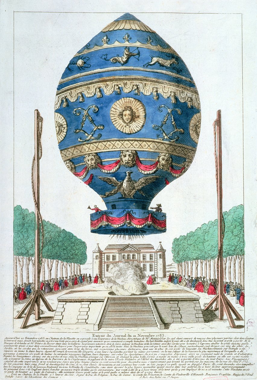 Eksperyment balonowy braci Montgolfier w Chateau de la Muette, 21 listopada 1783 r. autorstwa French School