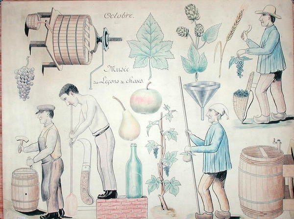Październik: Produkcja wina (pióro i atrament oraz kredka na papierze) autorstwa French School