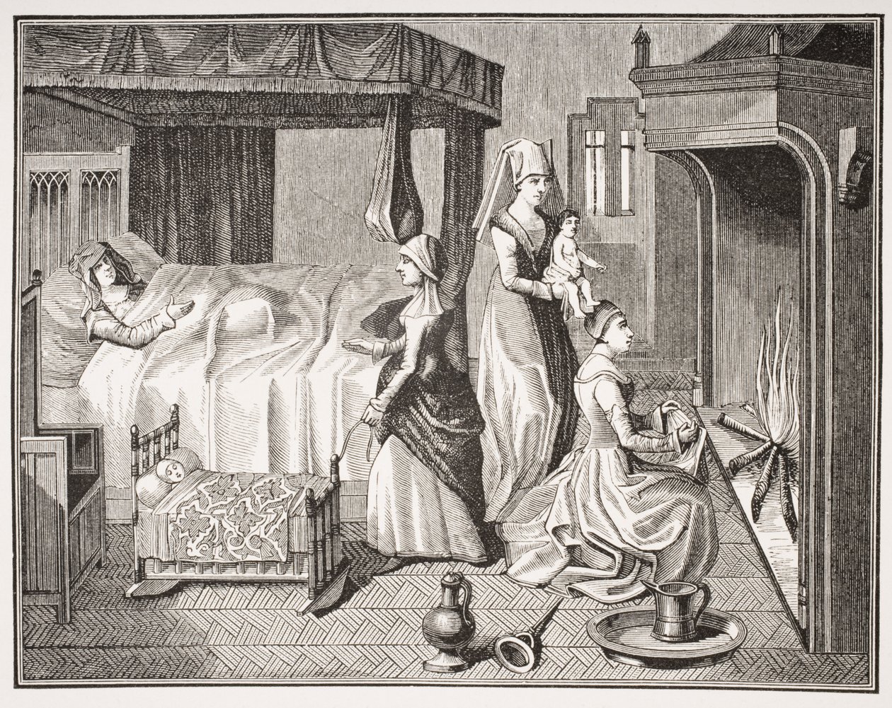 Nowo narodzone dziecko, po miniaturze z XV wieku w „Histoire de la Belle Helaine”, z „Le Moyen Age et La Renaissance” Paula Lacroix (1806–84) opublikowanej w 1847 r. autorstwa French School