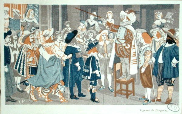 Mowa nosowa w Hotel de Bourgogne, ilustracja z „Cyrano de Bergerac” Edmonda Rostanda (1868-1918) c.1905 (kolor lito) autorstwa French School