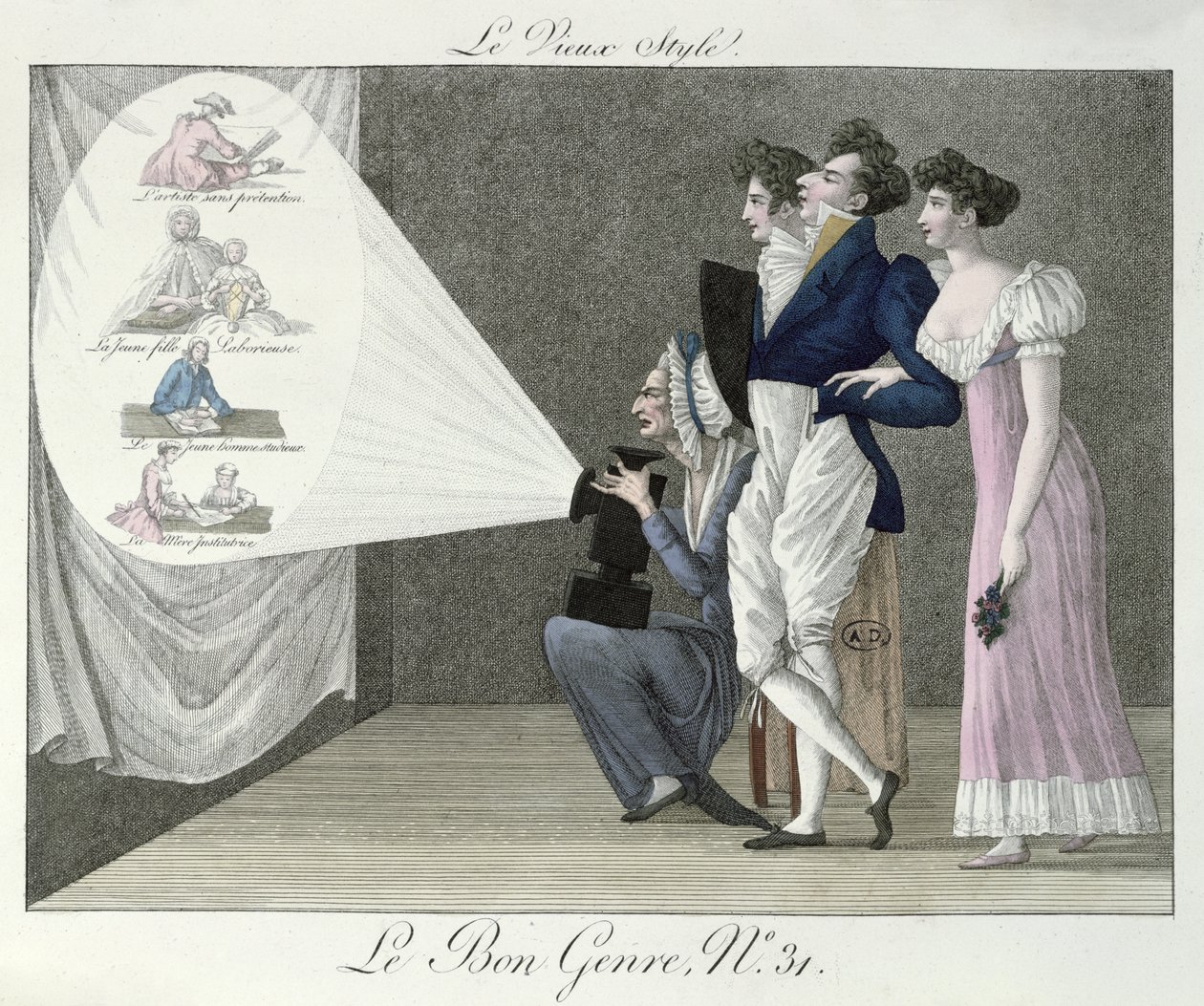 Stary styl, oglądanie projekcji XVIII-wiecznych obrazów z filmu o latarniach magicznych, ilustracja z Le Bon Genre autorstwa French School