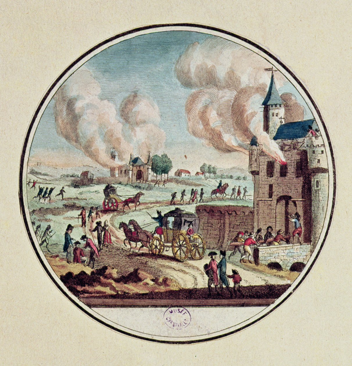 Grabież i niszczenie zamków oraz emigracja książąt i dworzan w lipcu 1789 r. (kolorowe grawerowanie) autorstwa French School