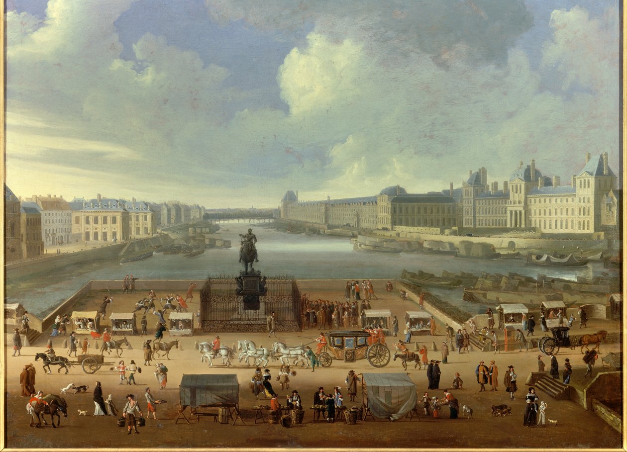 Pont Neuf widziany od wejścia do Place Dauphine, Quai Malaquais, Kolegium Czterech Narodów, wielkiej galerii i Luwru. Anonimowe malowanie autorstwa French School