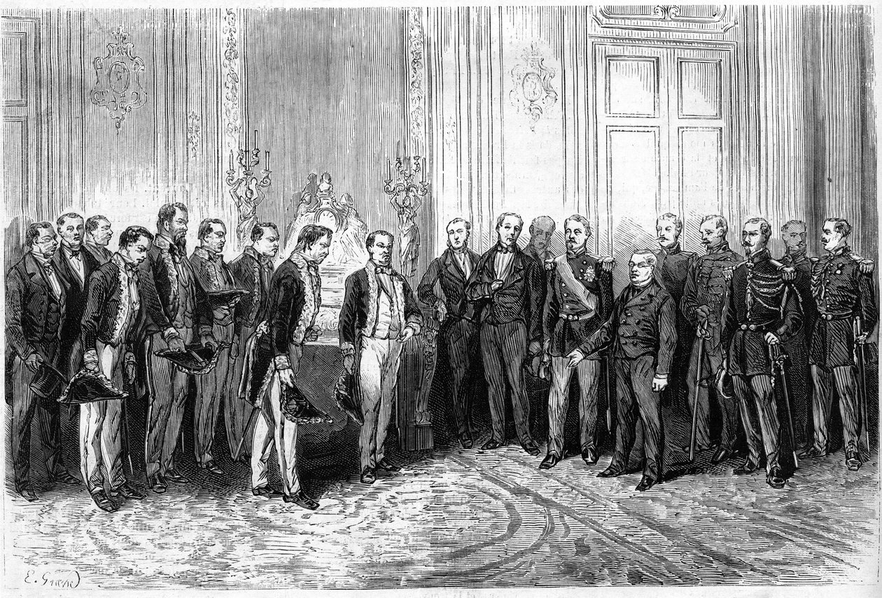 Prezydent Republiki Francuskiej Adolphe Thiers (1797-1877) przyjął japońskich ambasadorów w Pałacu Elizejskim. Grawerowanie w „”Le Monde Illustré””n°821 z 4 stycznia autorstwa French School