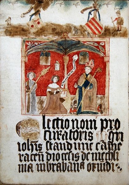 Prokurator Narodu Pikarskiego klęczy przed św. Rumoldem autorstwa French School