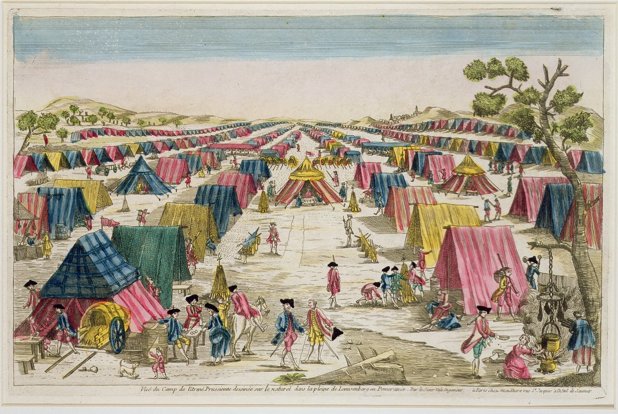 Obóz armii pruskiej, zaczerpnięty z życia na polach na Pomorzu, rytowany przez Vale, ok. 1750 (rycina ręcznie kolorowana) autorstwa French School