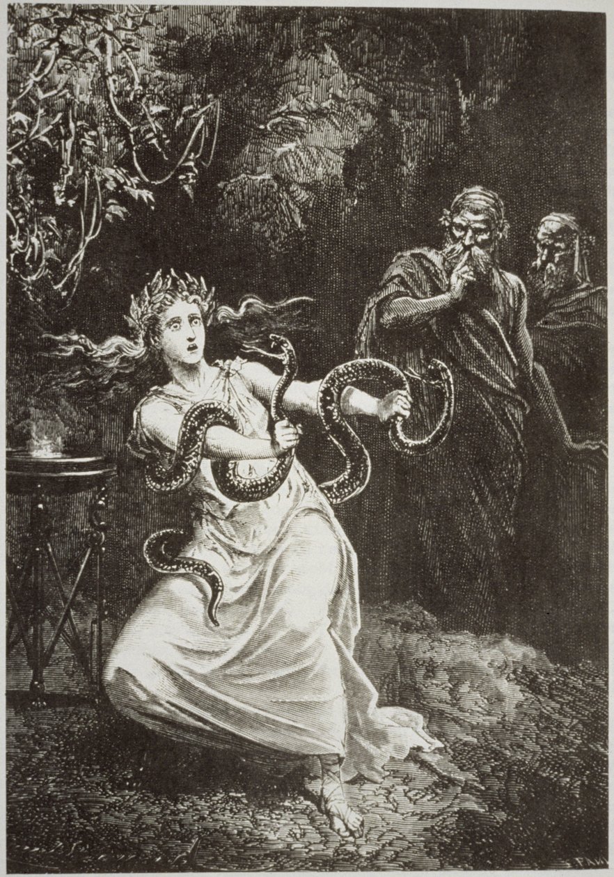 Pytia z LHistoire de la Magie Paula Christiana, zilustrowana w Historii magii, wydanej pod koniec XIX wieku autorstwa French School