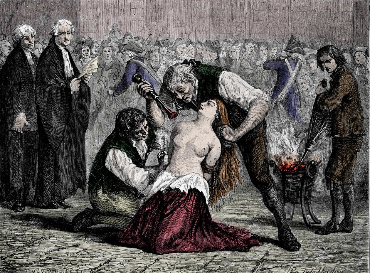 Afera z naszyjnikiem królowej: Udręka Madame de la Motte (1756-1791). Po próbie odszyfrowania naszyjnika, którego królowa odmówiła, została skazana na wici, naznaczoną żelazem i zamkniętą w Salpetriere. autorstwa French School