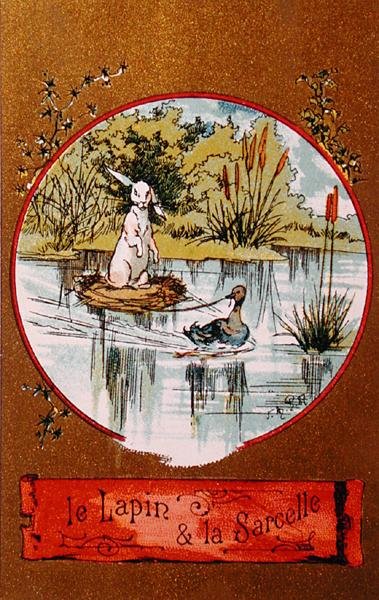 Królik i Cyraneczka, ilustrowana karta przedstawiająca bajkę Jeana de la Fontaine (1621-95) c.1880 autorstwa French School