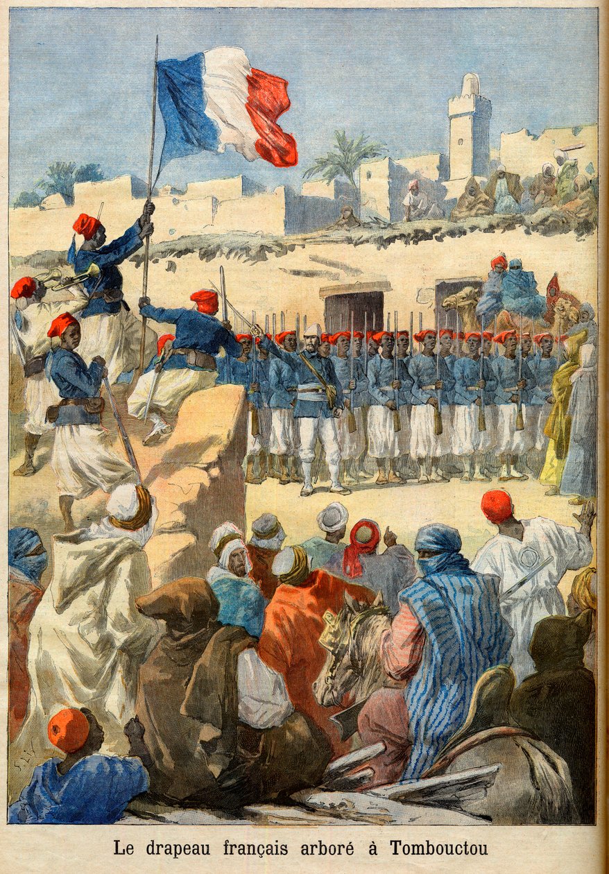 Wznowienie francuskiej flagi w Timbuktu (Mali) z „Le petit Journal”, luty 1894 (rycina) - Francuska flaga pyszni się w Timbuktu. Ilustracja do Le petit Journal autorstwa French School
