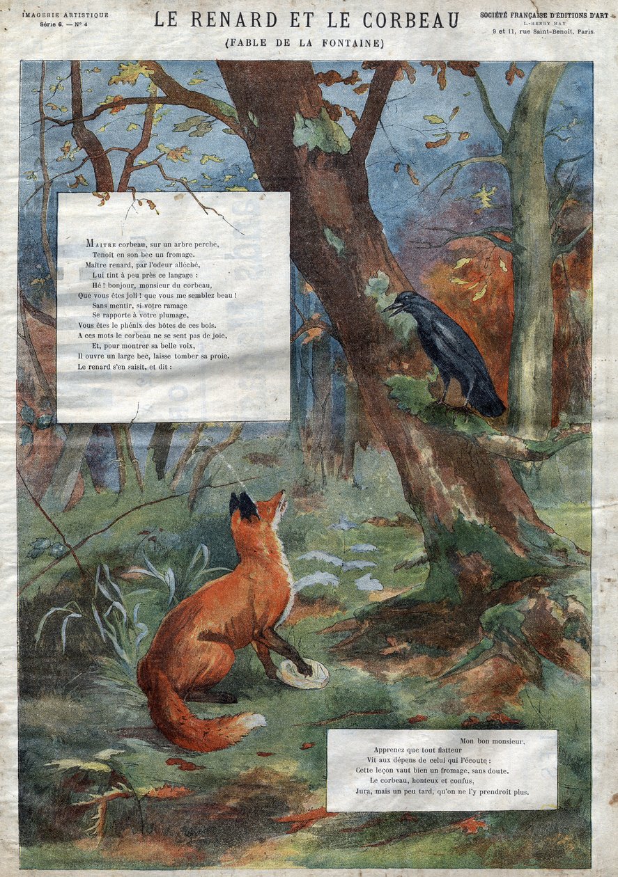 Kruk i lis. Bajki Jean de La Fontaine (1621-95). Ilustracja końca XIX wieku. autorstwa French School