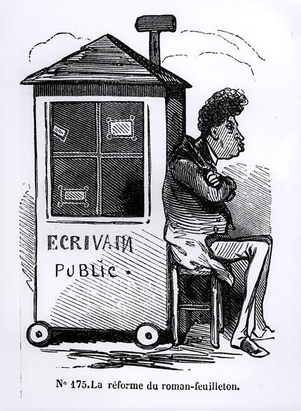„Reforma powieści w odcinkach”, Dumas (1802-70) z kabiny pisarza publicznego, karykatura z „Journees Illustrees” autorstwa French School