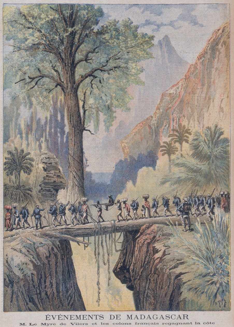 Generał-rezydent Madagaskaru, Charles le Maire de Villiers i francuscy koloniści docierają do wybrzeża, ilustracja z „Le Petit Journal”, 3 lutego 1895 autorstwa French School