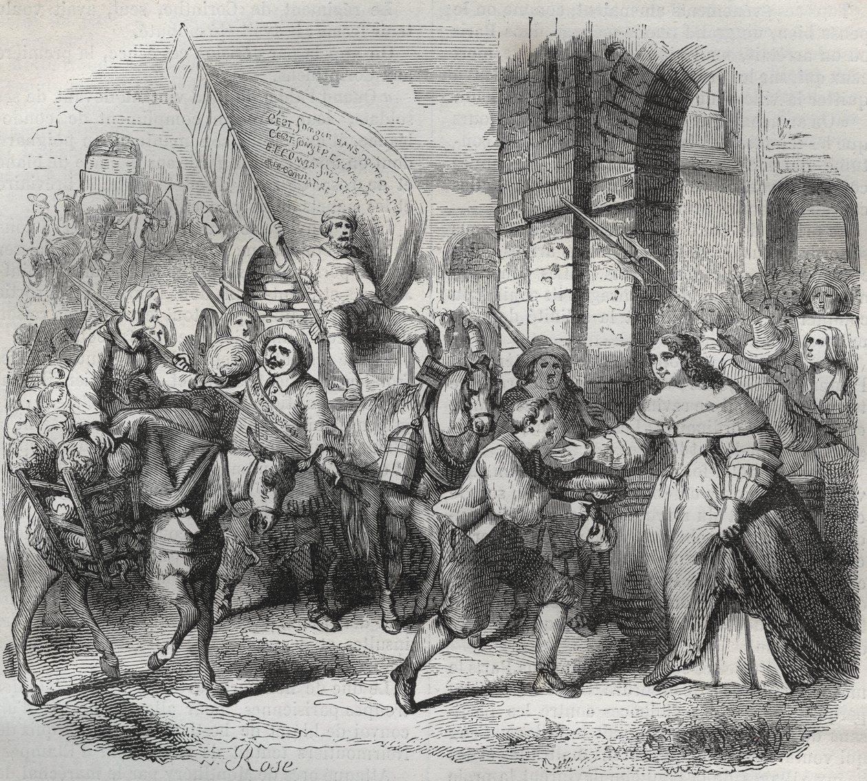 Powrót Gonesse, odcinek Frondy: „Pani Paryża” wita „Pani z Aubervilliers” i „Nourisier Gonesse”, które przybyły, by ją zaopatrzyć. Grawer frondeuse 1649 - grawer w „Paris a travers les siecles” H. Gourdona de Genouillac autorstwa French School