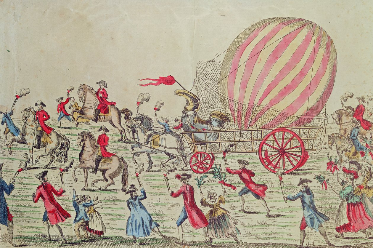 Powrót balonu na ogrzane powietrze do Paryża po eksperymencie braci Montgolfier na Polu Marsowym, 2 grudnia 1783 autorstwa French School