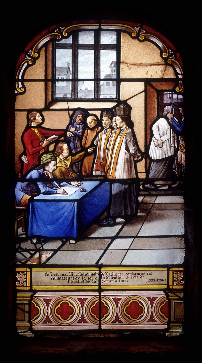 Sąd Rewolucyjny w Quimper skazuje wyznawców wiary na areszt, a następnie wygnanie i deportację (1793-95) - witraże kościoła St Germain w Kerlaz autorstwa French School