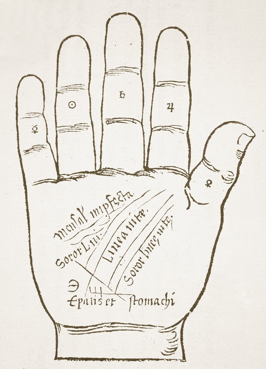 Prawa ręka, linie główne, kopia ilustracji z Chiromancji autorstwa Ioannesa ab Indagine, 1531, wykorzystana w Historii magii, opublikowanej pod koniec XIX wieku autorstwa French School