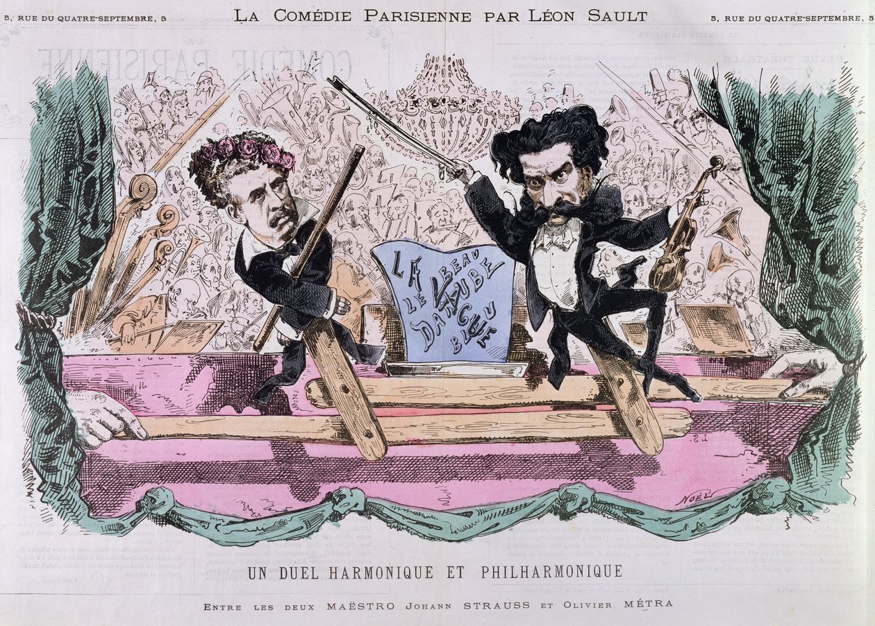 Konkurencyjni kompozytorzy walców, Johann Strauss Młodszy (1825-99) i Olivier Metra (1830-89), c.1870 autorstwa French School