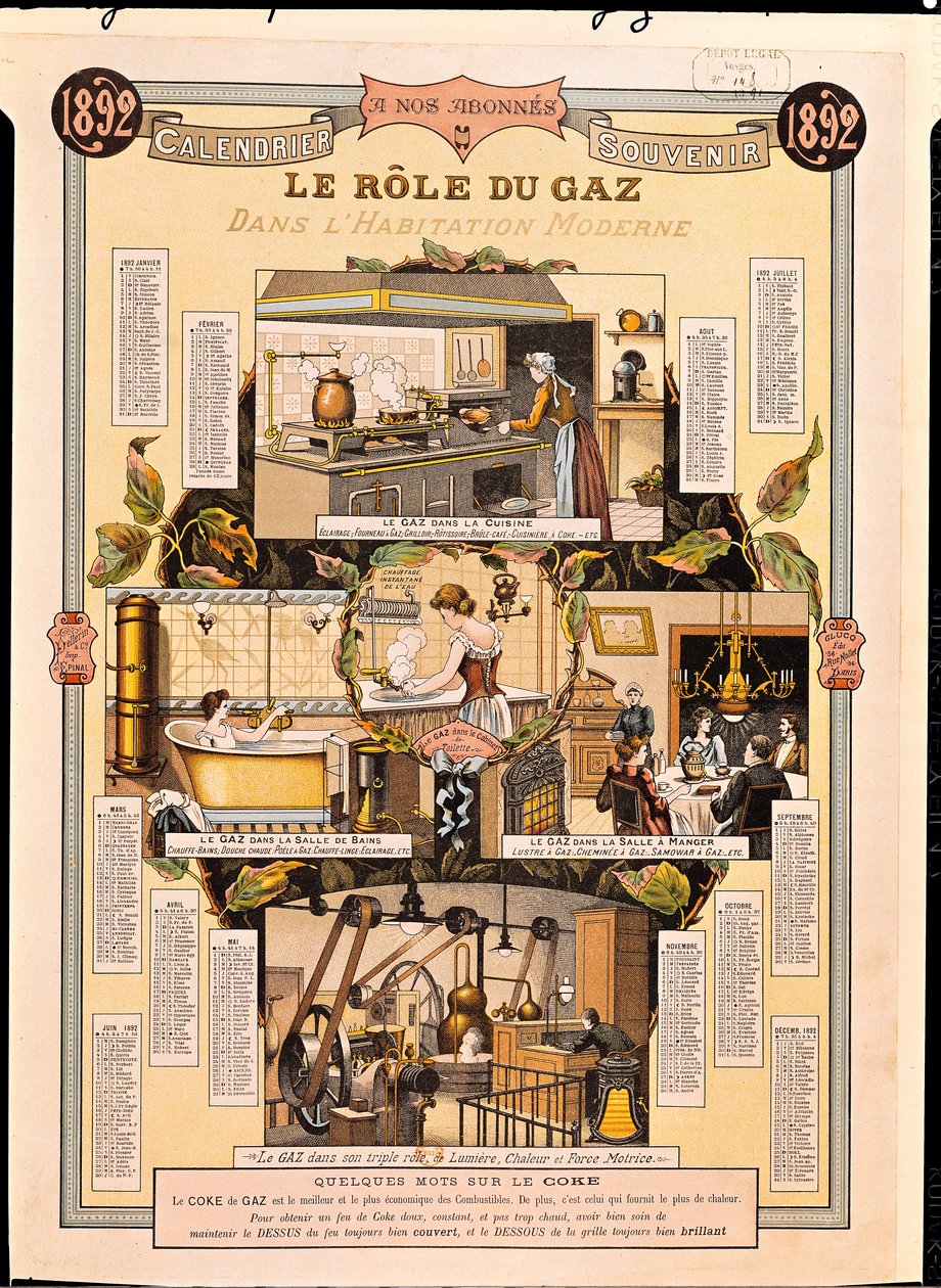Rola gazu we współczesnych domach, z kalendarza Francuskiej Gazowni, 1892 autorstwa French School