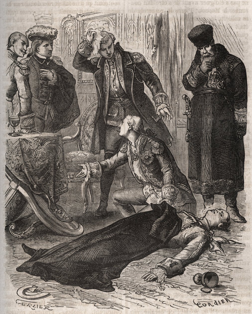 Cesarz rosyjski Piotr III (1728-1762), wyznaczony na rezydencję, został zamordowany przez Aleksieja Orłowa (1737-1808) i jego strażników 17 lipca 1762 z rozkazu jego żony Katarzyny II, która właśnie go obaliła i przejęła władzę. Grawerowanie z 1871 roku w  autorstwa French School