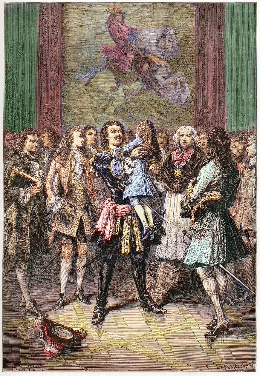 Rosyjski car Piotr I Wielki (1672-1725) trzymający w ramionach króla Ludwika XV w Wersalu w 1717 r. - PIOTR I (1672-1725) Car Rosji autorstwa French School
