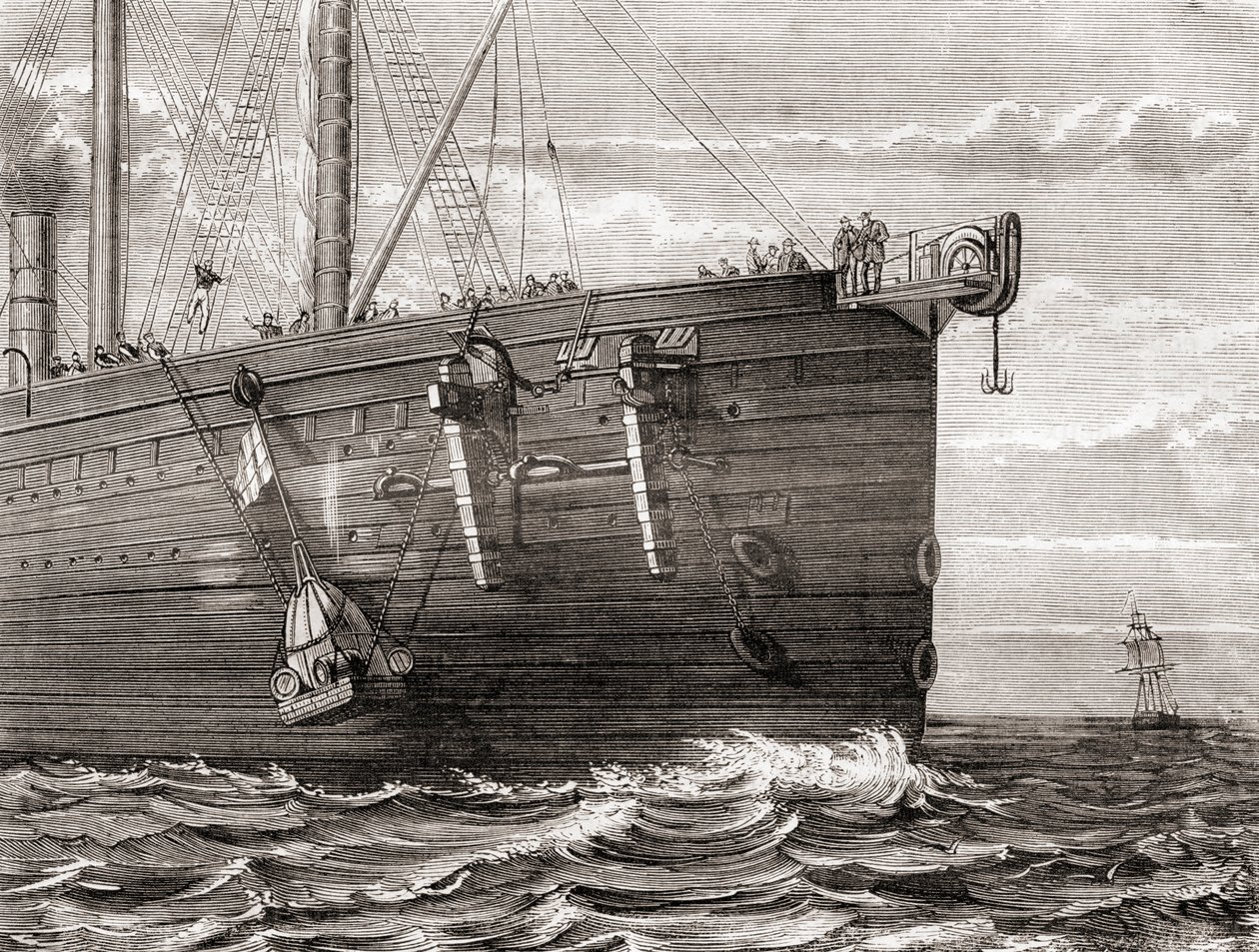 SS Great Eastern wystrzeliwuje boję do morza, aby zaznaczyć miejsce zagubionego transatlantyckiego kabla telegraficznego autorstwa French School