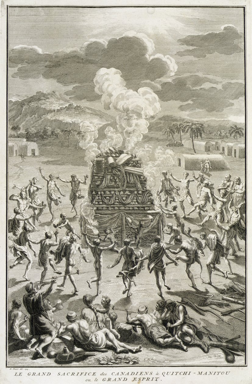 Ofiara dla Quitchi-Manitou, czyli Wielkiego Ducha, przez Kanadyjczyków, ilustracja z ceremonii religijnych i zwyczajów, rytowana przez Bernarda Picarta (1673-1733) 1723 autorstwa French School