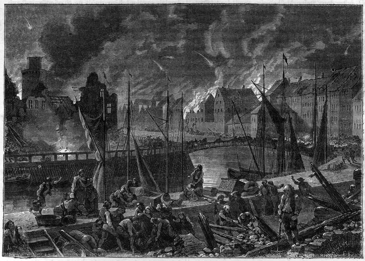 Druga bitwa o Kopenhagę (lub bombardowanie Kopenhagi) (16 sierpnia-5 września 1807) Brytyjskie bombardowanie Kopenhagi w celu szesnastu duńsko-norweskiej floty, podczas wojen napoleońskich - wojny angielskie - bitwa pod Kopenhagą 1807 r. autorstwa French School