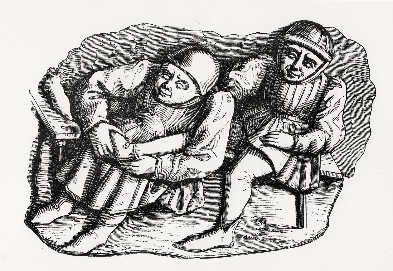 Szewc i jego klient, skopiowany z jednego ze stoisk Misericordia w chórze katedry w Rouen, ilustracja z Nauki i literatury w średniowieczu i renesansie, napisana i autorstwa French School