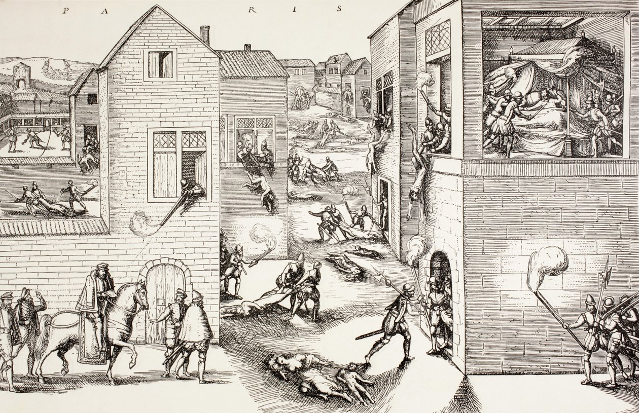 Masakra w dniu św. Bartłomieja, sierpień 1572 r., z książki „Życie wojskowe i religijne w średniowieczu” Paula Lacroix, opublikowana w Londynie ok. 1880 r. autorstwa French School