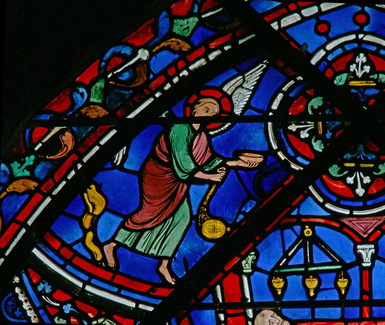 Okno św. Tomasza: aniołowie chodzą do grobu św. Tomasza (w23) autorstwa French School