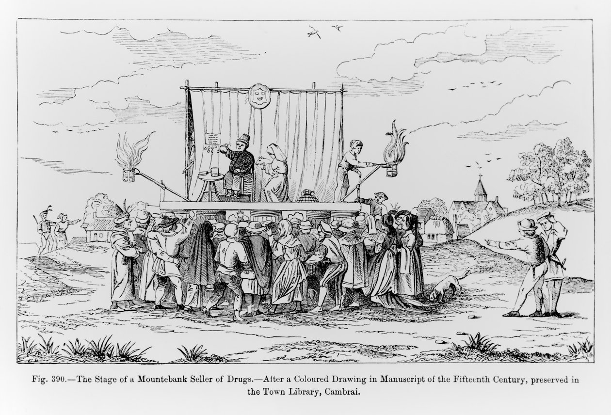 Scena sprzedawcy narkotyków w Mountebank, ilustracja z nauki i literatury w średniowieczu i renesansie, napisana i rytowana przez Paula Lacroix, 1878 autorstwa French School