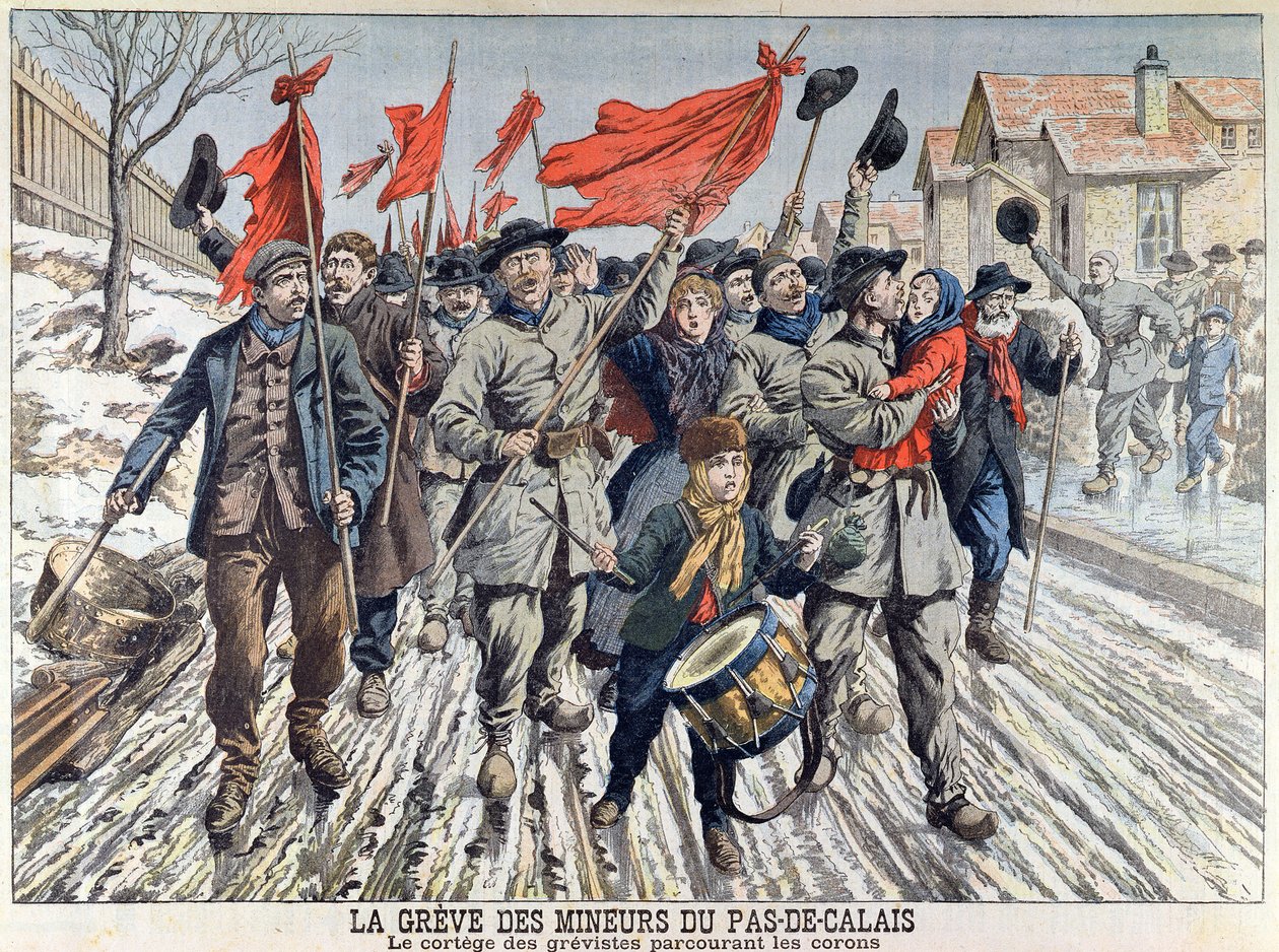 Strajk górników w Pas-de-Calais, pochód strajkujących w wiosce górniczej, z Le Petit Journal, 1 kwietnia 1906 (kolorowe grawerowanie) autorstwa French School