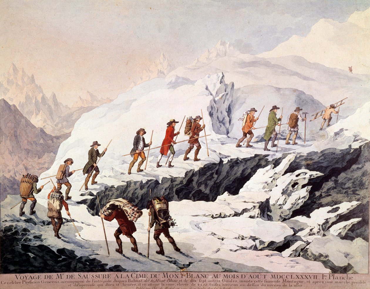 Szwajcarski przyrodnik Horace Benedict (Horace-Benedict) z Saussure (1740-1799) i francuski przewodnik górski Jacques Balmat dokonali drugiego wejścia na Mont Blanc w sierpniu 1787 roku. autorstwa French School