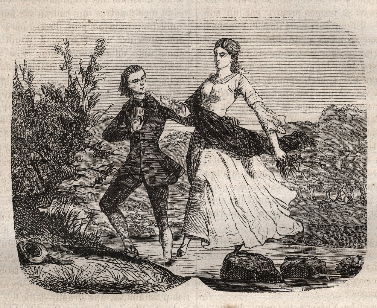 Szwajcarski filozof Jean Jacques (Jean-Jacques) Rousseau (1712-1778) pomógł Mademoiselle Galley przejść przez strumień. Rycina z 1871 roku w „Histoire Des Cocus Celebres” Henry
