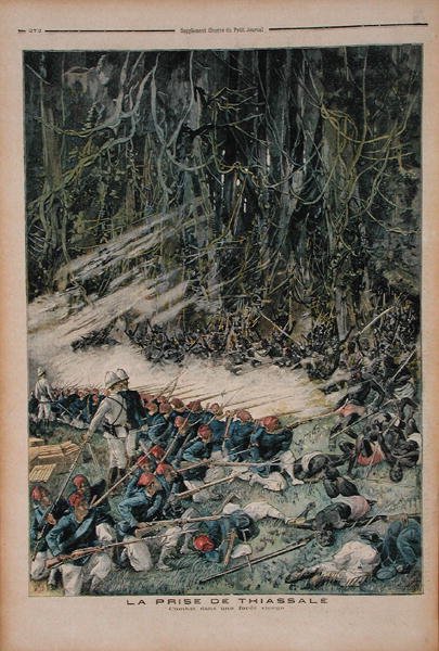 Podbicie Thiassale, bitwa w dziewiczym lesie deszczowym, ilustracja z Le Petit Journal, 26 sierpnia 1893 autorstwa French School