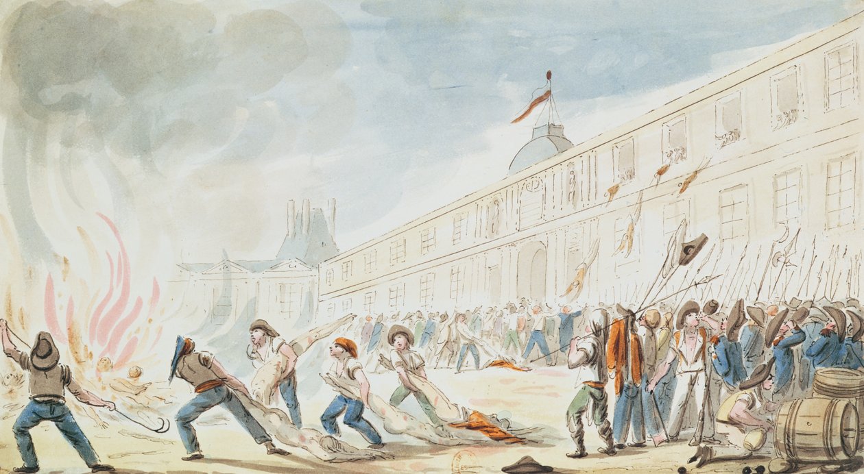 Zdobycie Tuileries, 10 sierpnia 1792 (kolorowe grawerowanie) autorstwa French School