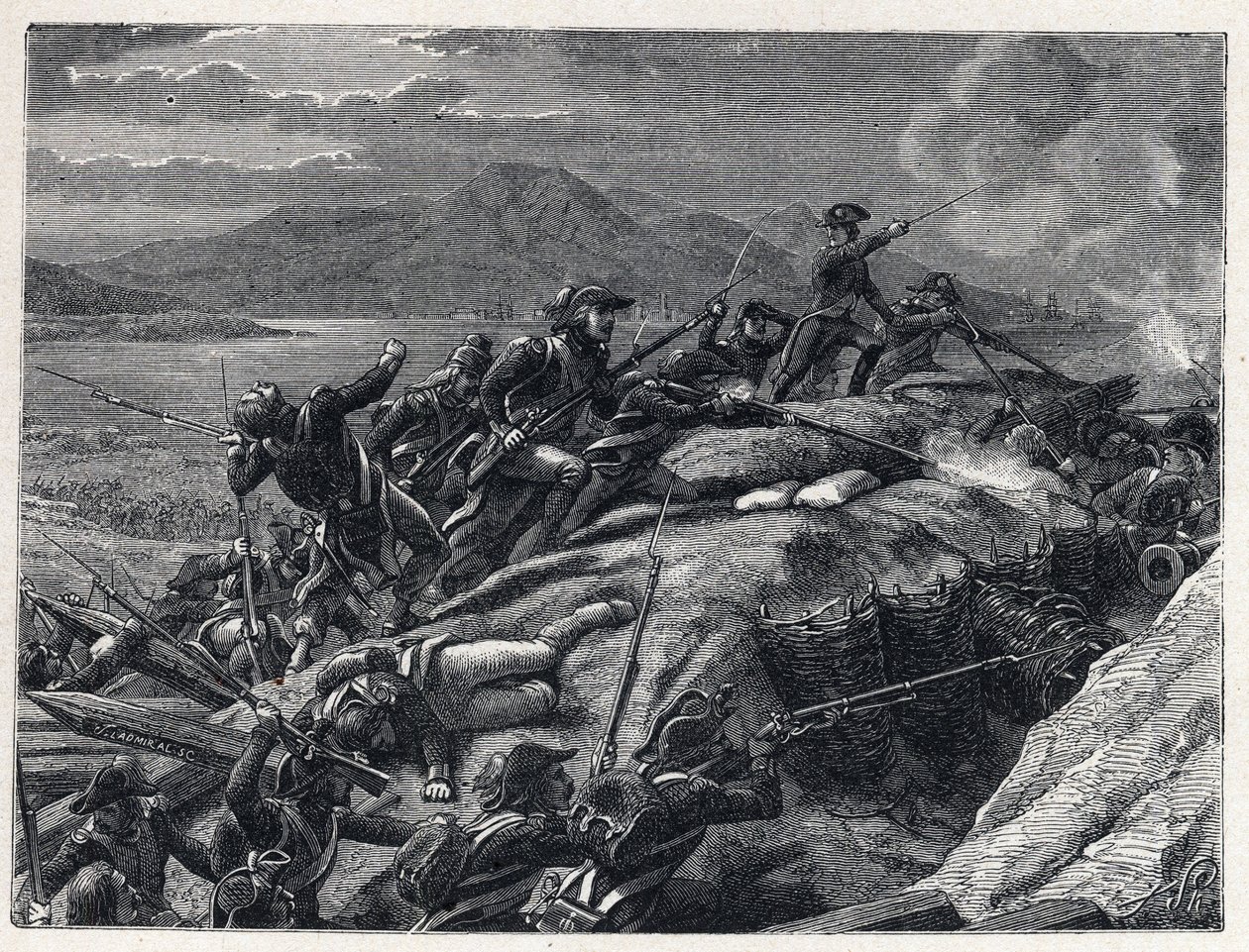 Terror podczas rewolucji francuskiej: oblężenie Tulonu od września do grudnia 1793 r. przez wojska kapitana Napoleona Bonaparte przeciwko miastu sprzymierzonemu z siłami angielskimi. autorstwa French School