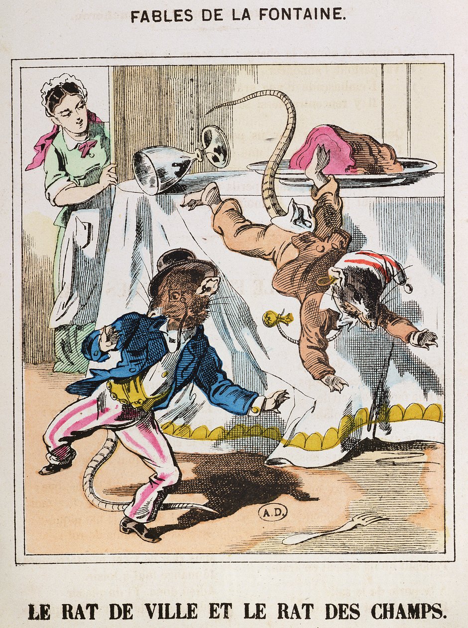 Mysz miejska i mysz wiejska z „Fables de La Fontaine” (kolorowy grawerunek) autorstwa French School