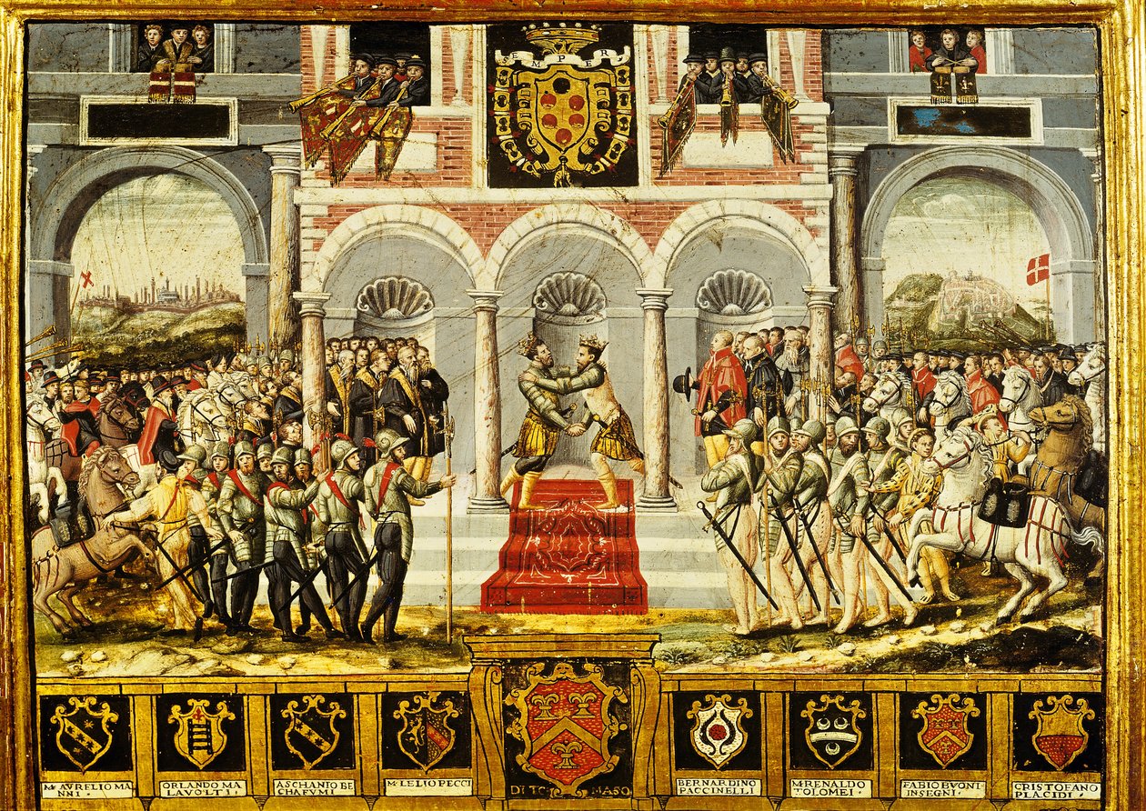 Traktat z Cateau-Cambresis i objęcie Henryka II (1519-59) Francji i Filipa II (1527-98) Hiszpanii, 2-3 kwietnia 1559 autorstwa French School
