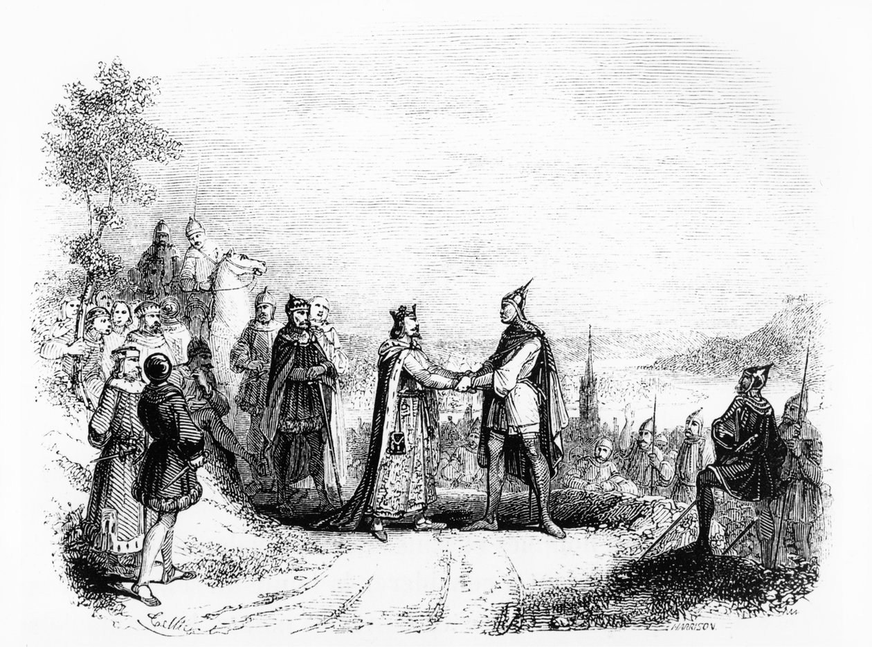 Traktat w Saint Clair-sur-Epte między Karolem III Prostym (879-929) królem Francji (898-923) a Rollo wikingiem w 911 autorstwa French School