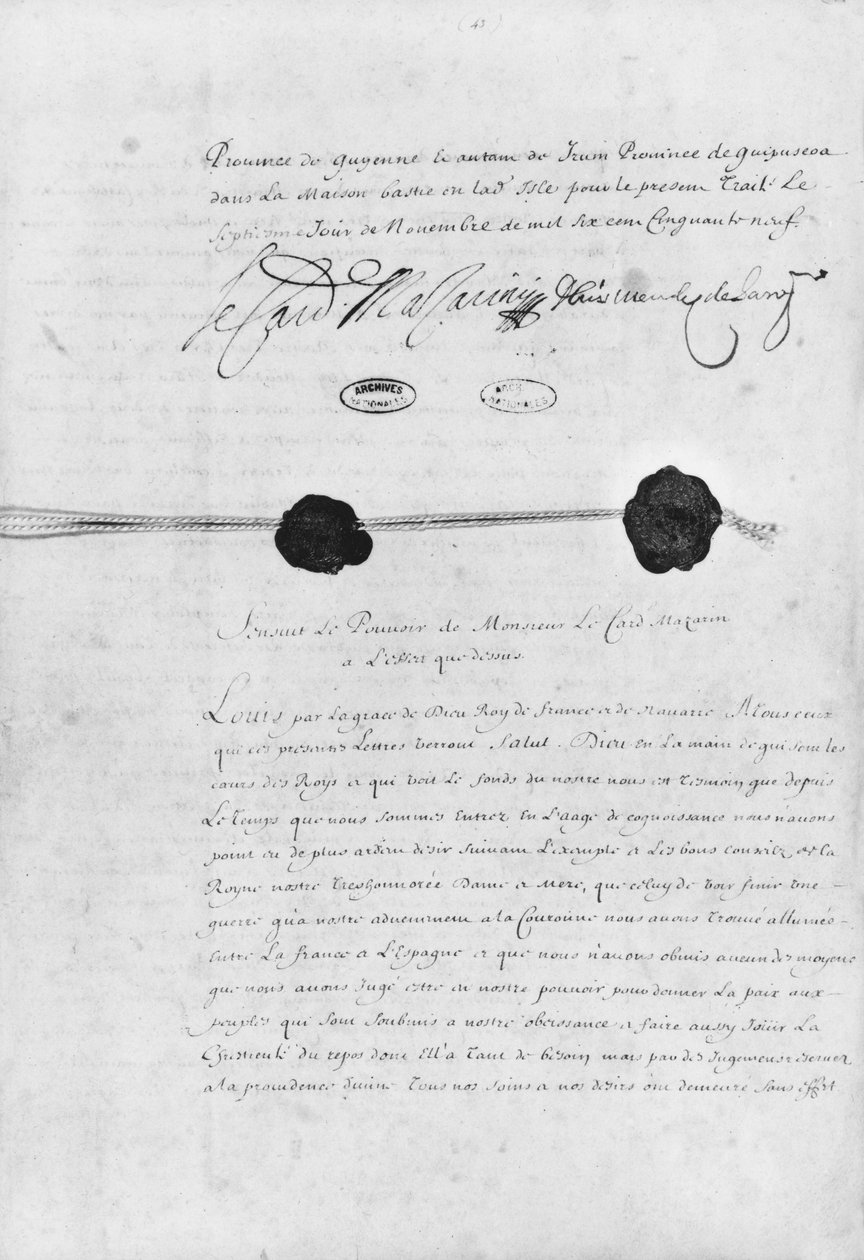 Traktat Pirenejski, podpisany przez kardynała Julesa Mazarina (1602-61) i ks. Luisa Mendeza de Haro (1598-1661) 7 listopada 1659 autorstwa French School