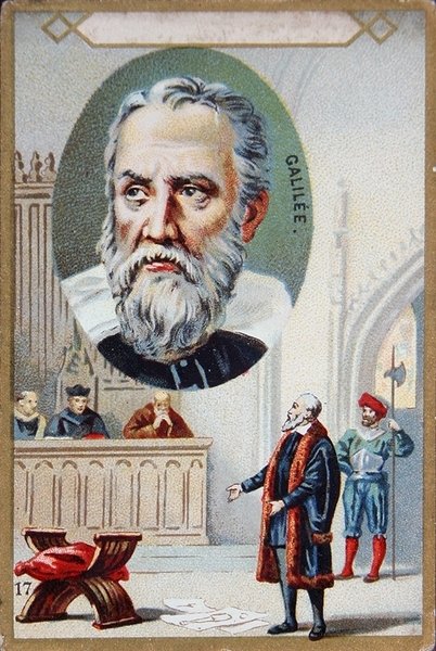 Proces Galileo Galilei (1564-1642) w 1633 r. (litografia kolorowa) autorstwa French School