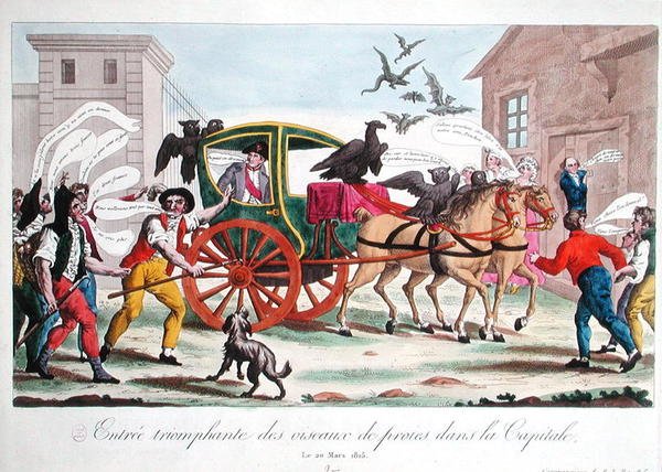 Triumfalny wjazd drapieżnych ptaków do stolicy, karykatura powrotu Napoleona (1769-1821) do Paryża, 20 marca 1815 (kolorowa rycina) autorstwa French School