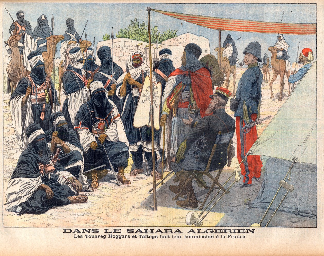 Tuaregowie Hoggar i Taitogowie poddający się angielskim rządom na algierskiej Saharze. Na algierskiej Saharze. Touareg Hoggars i Taitogs przekazują swoje zgłoszenie Francji. Ilustracja do Le petit Journal, 26 listopada 1905. autorstwa French School