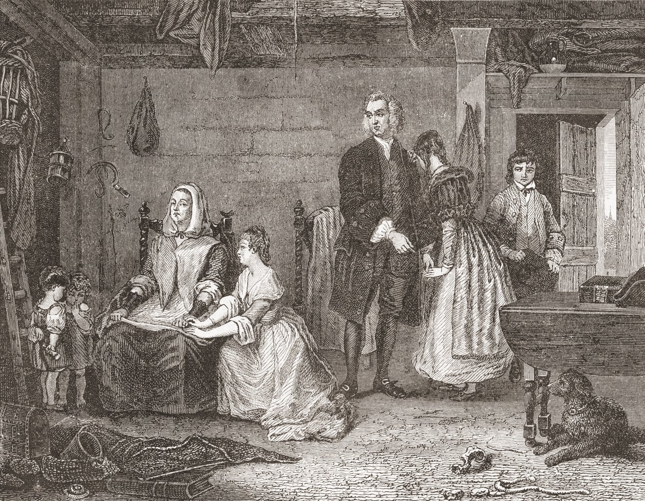 Wikariusz Wakefield godzący swoją żonę z Olivią, według obrazu Gilberta Stuarta Newtona. Z Histoire des Peintres, École Anglaise, opublikowane 1867 (litografia) autorstwa French School
