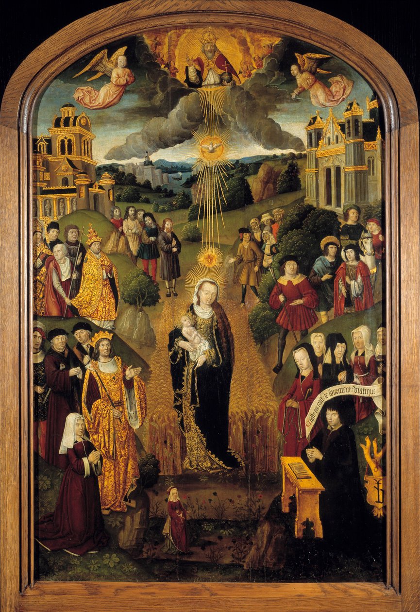 Dziewica z pszenicznym królem Ludwikiem XII (1462-1515) i papieżem Aleksandrem VI (1431-1503) są obecne. Wszechmogący Bóg trzymający Glob pobłogosławił tę scenę, podczas gdy Duch Święty chronił Dziewicę i Dzieciątko. Malarstwo na drewnie Szkoły Francuskiej autorstwa French School