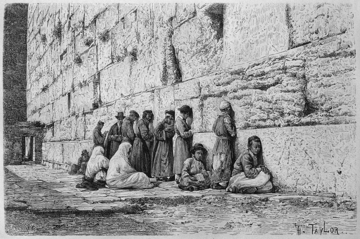 Ściana Płaczu, z dzisiejszej Syrii. Podróżuje po Fenicji, Libanie i Judei. 1875-1880 Louis Charles Emile Lortet, 1884 (bw grawerowanie) autorstwa French School